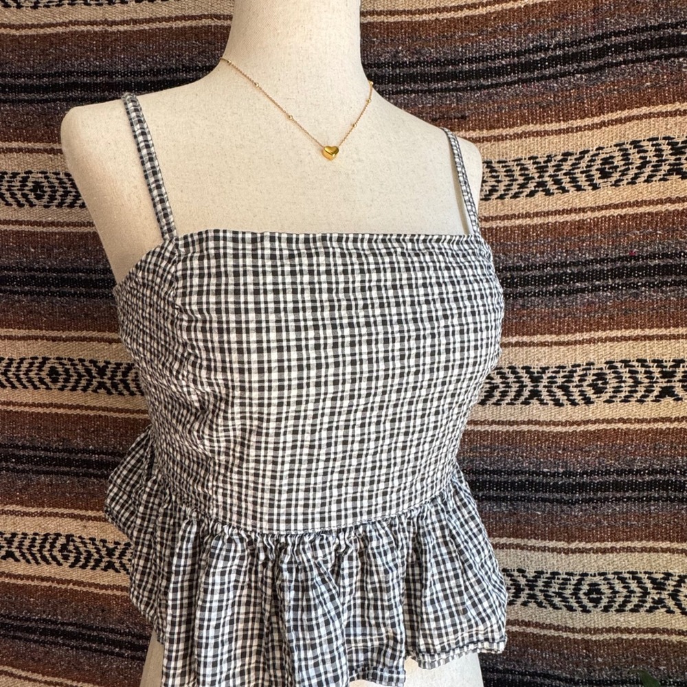 Aerie Gingham Peplum Cami Top Womens Small Black White Smocked Back